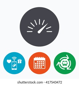 Tachometer sign icon. Revolution-counter symbol. Car speedometer performance. Mobile payments, calendar and wifi icons. Bus shuttle.
