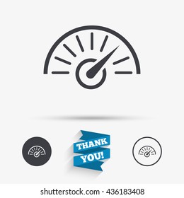 Tachometer sign icon. Revolution-counter symbol. Car speedometer performance. Flat icons. Buttons with icons. Thank you ribbon. Vector