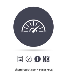 Tachometer sign icon. Revolution-counter symbol. Car speedometer performance. Report document, information and check tick icons. Currency exchange. Vector