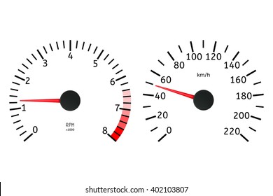 Tachometer and speedometer dial. Dashboard elements. Vector illustration isolated on white background