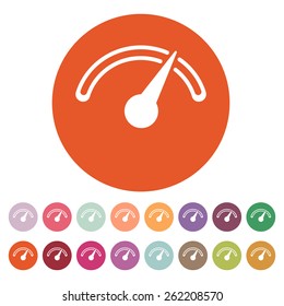 The tachometer, speedometer and indicator icon. Performance measurement symbol. Flat Vector illustration. Button Set