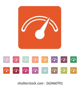 The tachometer, speedometer and indicator icon. Performance measurement symbol. Flat Vector illustration. Button Set
