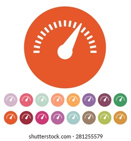 The tachometer, speedometer and indicator icon. Performance measurement symbol. Flat Vector illustration. Button Set