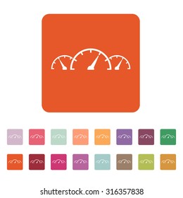 The tachometer, speedometer and indicator icon. Performance measurement symbol. Flat Vector illustration. Button Set