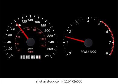 Tachometer and speedometer scale on black background. Vector illustration