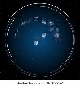 The tachometer symbol filled with white dots. Pointillism style. Some dots is red. Vector illustration on blue background with stars