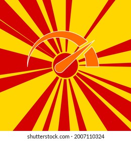 Símbolo de tacómetro sobre un fondo de líneas radiales de explosión de flash rojo. El gran símbolo naranja se encuentra en el centro del sol, simbolizando la salida del sol. Ilustración del vector sobre fondo amarillo