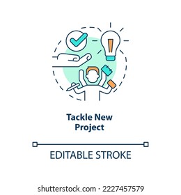 Tackle new project concept icon. Boost employee productivity. Burnout prevention abstract idea thin line illustration. Isolated outline drawing. Editable stroke. Arial, Myriad Pro-Bold fonts used