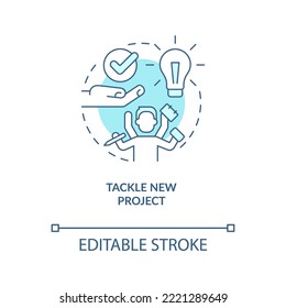 Tackle new project turquoise concept icon. Boost employee productivity abstract idea thin line illustration. Isolated outline drawing. Editable stroke. Arial, Myriad Pro-Bold fonts used