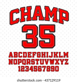 Tackle Twill Style Champion Typeface. Embroidered Sports Font. Letters And Numbers Vector Illustration.