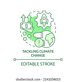 Tackling climate change green concept icon. Ecological initiatives. Space technology abstract idea thin line illustration. Isolated outline drawing. Editable stroke. Arial, Myriad Pro-Bold fonts used