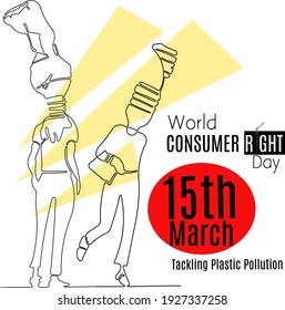 Tackling Plastic Pollution World Consumer Day 2021 theme on March, 15th. Continuous line drawing two person with bottle plastic head. Vector Illustration. 