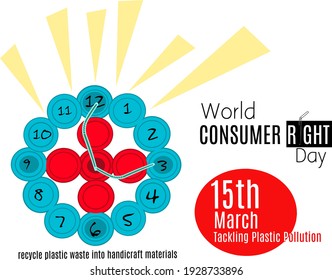 Abordar la contaminación por plástico en el mundo del tema del día de los derechos del consumidor. Reciclar los residuos plásticos en material artesanal. Ilustración vectorial.
