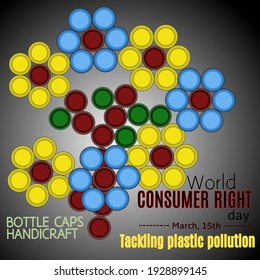Tacling plastic pollution world consumer rights day. Flower blossom out of plastic bottle caps. Vector Illustrator.