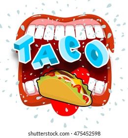 Taco acute Mexican food. Open your mouth and protruding tongue.
