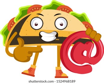 Taco with "At" sign, illustration, vector on white background.