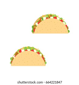 taco with beef, onion, tomato, lettuce and cheese illustration, Mexican cuisine, flat design vector 