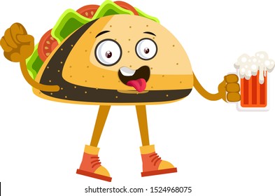 Taco with beer, illustration, vector on white background.