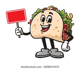 Taco with blank sign board cartoon mascot illustration character vector clip art hand drawn