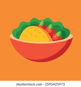 Taco bowl vibrant illustration, colorful food design, fresh ingredients, flat style graphic, appetizing meal.