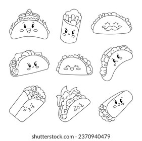 Personajes de taco y burrito. Colorante de página. La comida rápida mexicana. Dibujo de vectores. Colección de elementos de diseño.