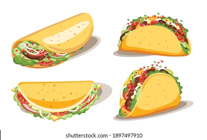 Taco and burrito, Fast food with sauce, Mexican traditional food, Isolated vector illustration