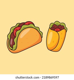 Taco and Burrito Icon Vector Illustration. Cute fast food icon isolated vector flat cartoon style.