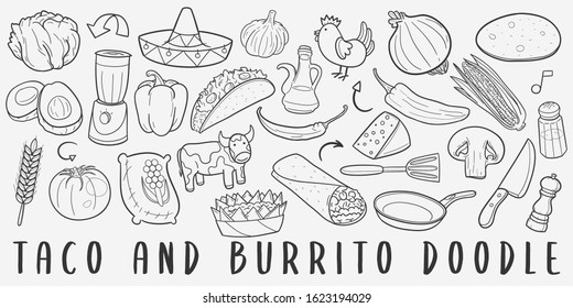 Taco and Burrito Mexican Food Doodle Line Art Illustration. Hand Drawn Vector Clip Art. Banner Set Logos.