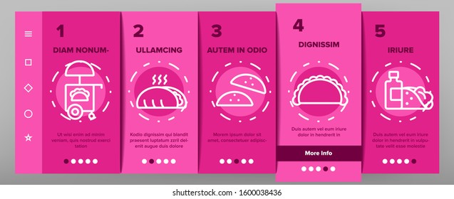 Taco Burrito Onboarding Mobile App Page Screen Vector. Cafe On Wheel And Cart, Package And Cardboard Pack Mexican Lunch Food Illustrations