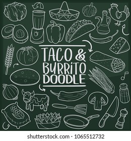 Taco Byrrito Mexican Food Doodle Line Icon Chalkboard Sketch Hand Made Vector Art.