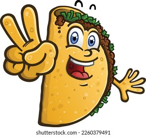 Taco Cartoon Character Flashing a Peace Sign Hand Gesture