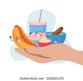Taco cartoon concept with traditional mexican meals on human palm flat vector illustration