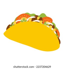 Taco in cartoon flat style. Hand drawn vector illustration of traditional Mexican food, folk cuisine, Latin American dish with fresh vegetables, meat and corn tortilla.