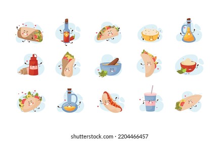 Taco cartoon set of isolated flat icon with traditional ethnic dishes condiments and drinking vector illustration