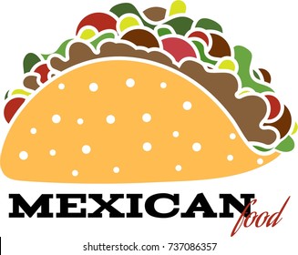 A taco in cartoon style and text. Mexican food. Vector illustration