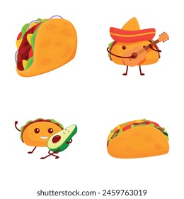 Taco character icons set cartoon vector. Cute cartoon fast food tacos. Traditional mexican food