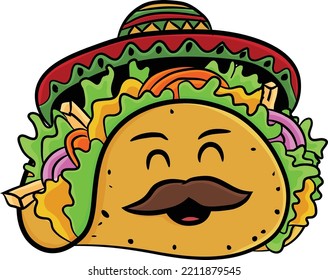 Taco character with sombrero .Taco cute cartoon vector .Mexican food