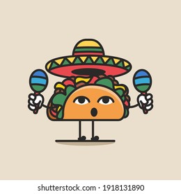 Taco character with sombrero and maracas vector illustration. Taco cute cartoon vector icon. 
