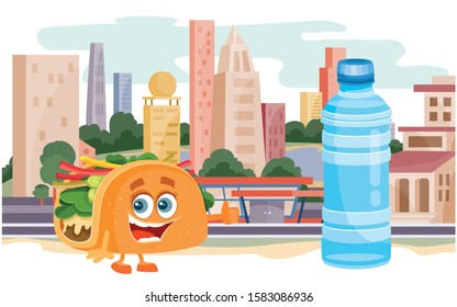 taco character and water bottle on the background of the big city, vector illustration