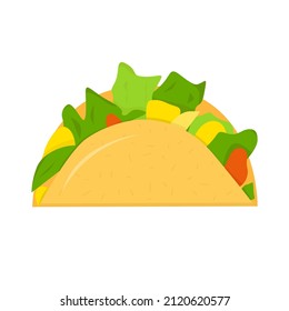 Taco with chicken nuggets, lettuce and tomato isolated on white background