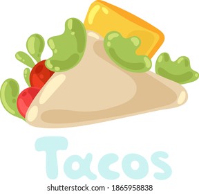 Taco clipart isolated on white. Vector illustration, flat style. Doodle food, stock image for menu, poster, web. Traditional Mexican fast-food. 