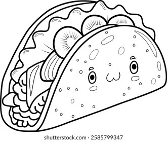 Taco Coloring Page, outline, simple drawing vector illustration design