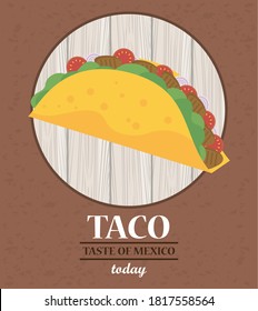 taco day celebration mexican poster with circular wooden frame vector illustration design