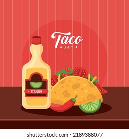taco day lettering postcard with tequila