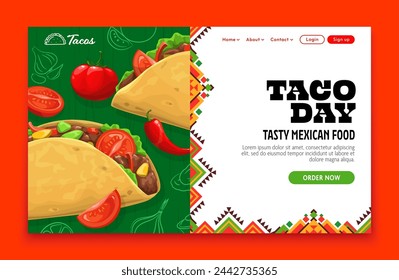 Taco day, Mexican cuisine delivery landing page. Vector web banner offering authentic mexico cuisine. Enjoy doorstep delivery of favorite tacos, bursting with traditional flavors and fresh ingredients