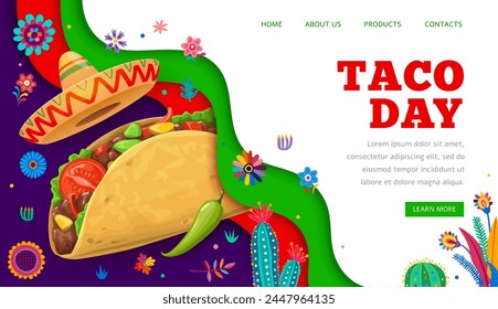 Taco Day, mexikanische Küche oder Restaurant Zielseite oder Essen Website, Vektorgrafik Vorlage. Taco Day Landingpage mit Menü-Buttone zur Essensausgabe mit mexikanischem Sombrero, Jalapeno und Chilipfeffer