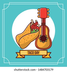Taco day mexican food and guitar round label emblem cartoon vector illustration graphic design.