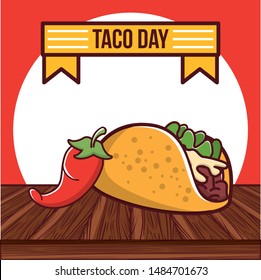 Taco day mexican food poster card, mexico gastronomy and menu template. vector illustration graphic design.