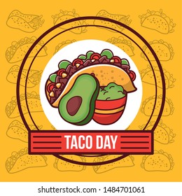 Taco day mexican food round label yellow emblem with ribbon banner cartoon vector illustration graphic design.