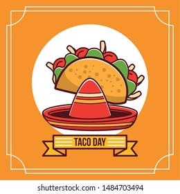 Taco day mexican food round label emblem cartoon vector illustration graphic design.